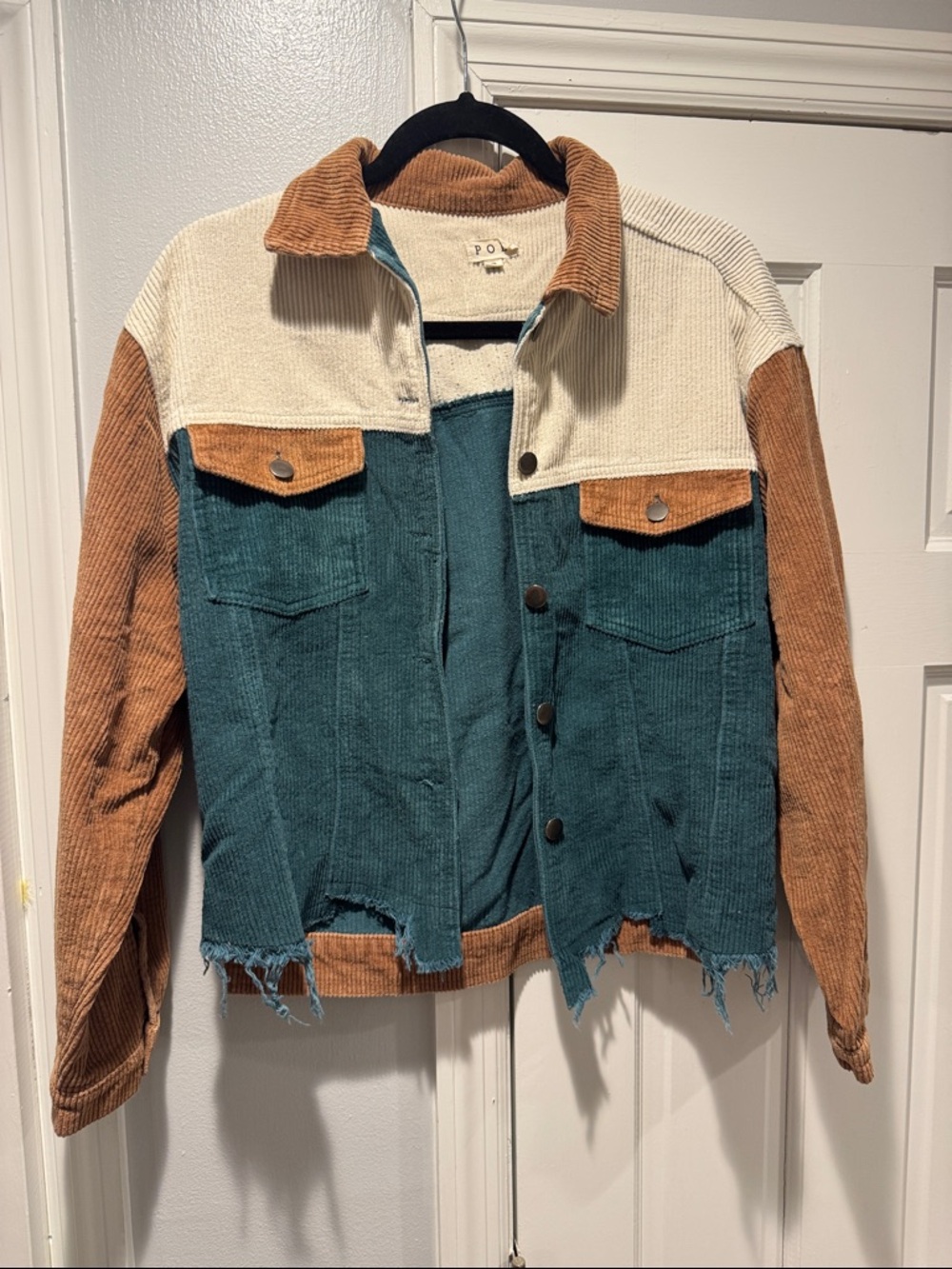 Colorblock Corduroy Trucker Jacket in Teal, Tan & Cream